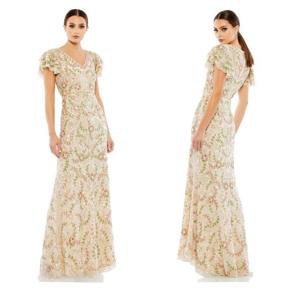 Mac Duggal Formal Embellished Beaded Cap Sleeve Long Gown Nude Size 14 NWT - Picture 1 of 11